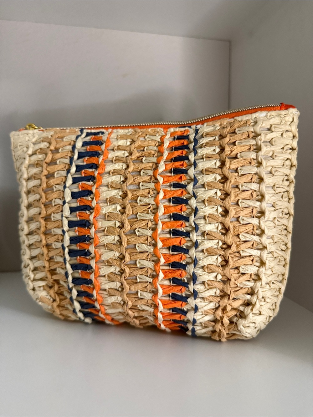 Woven Straw Zip Top Pouch in Natural with Orange & Navy - Picture 4 of 4